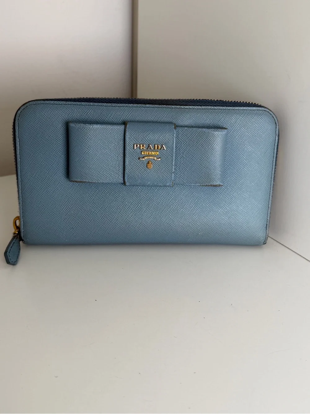 Authentic Prada Saffiano Bow Zip Around Wallet – Light Blue - Picture 1 of 6